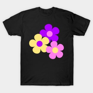 60's Flower Power Pop Flowers in Pink, Purple and Yellow on Black T-Shirt